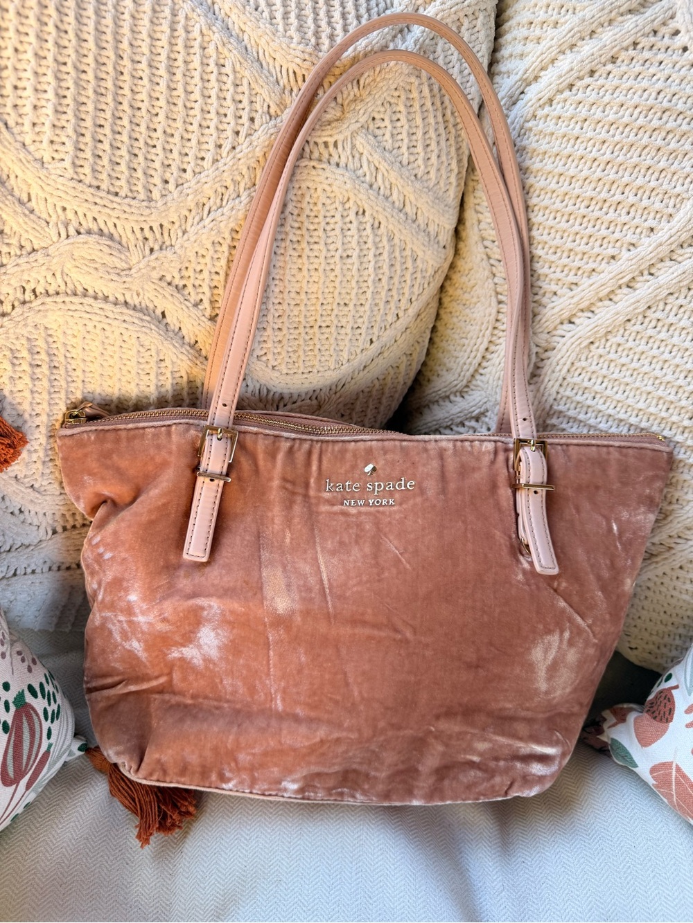 kate spade Dusty Rose Velvet Tote with Gold Logo
